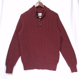 St Johns Bay Cable Knit Sweater Mens M Button Mock Neck Burgundy Heritage Cozy